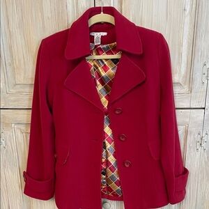 CAbi Red Pea Coat with Colorful Lining